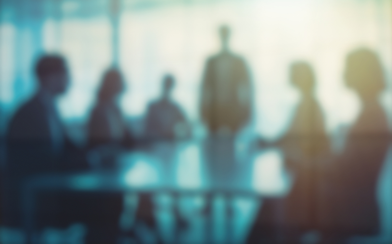 Business meeting or corporate discussion in modern office with silhouettes of professionals around conference table and bright window light.